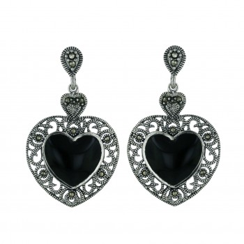 Marcasite Earring Heart with Onyx Center with Post
