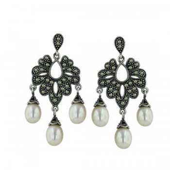 Marcasite Earring Open Leaf with Three 6-9 Fresh Water Pearl Dangling