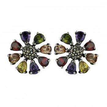 Marcasite Earring 8 Petals Flower Multicolor Color Cubic Zirconia-1M-4125Mc