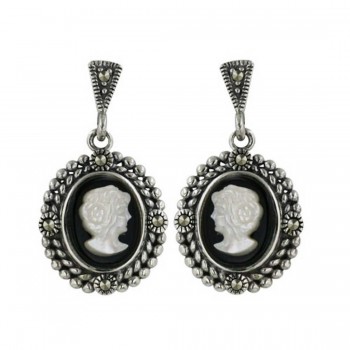 Marcasite Earring Mother of Pearl Woman Cameo with Onyx Background with Twis