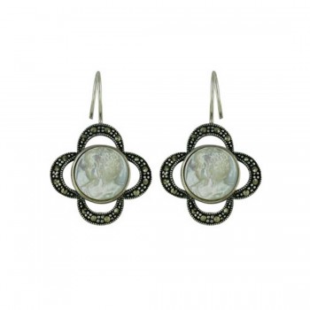 Marcasite Earring Open Flower with 12.25mm Round Mother of Pearl Cameo with