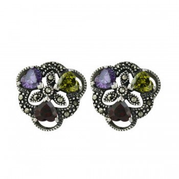 Marcasite Earring 3 Multicolor Color Tear Drop with Open Circle -1M-41