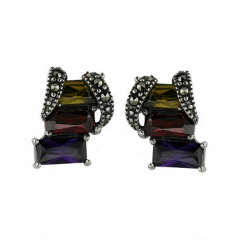 Marcasite Earring 3 Rec. Multicolor Color Cubic Zirconia with Open Wavy Marcasite Line-