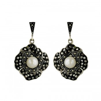 Marcasite Earring 6.35mm Fresh Water Pearl Center with Black Cubic Zirconia Pave Ferido Flo