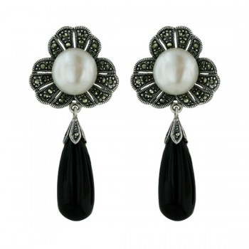 Marcasite Earring Flower with Fp Onyx Dangle