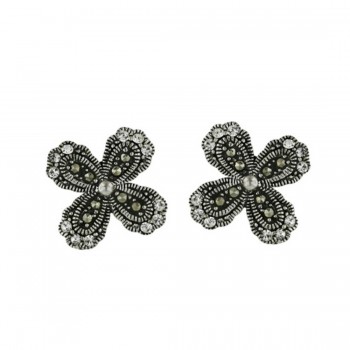 Sterling Silver Earring Four Petal Flower Stud with Clear Cubic Zirconia
