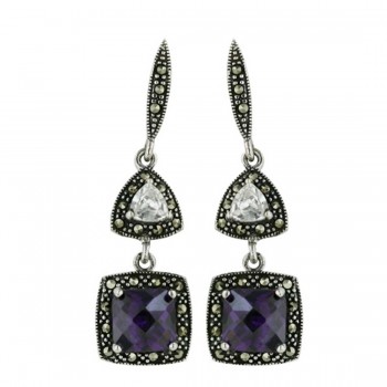 Marcasite Earring Square Amethyst Cubic Zirconia Triangle Clear Cubic Zirconia Dangle