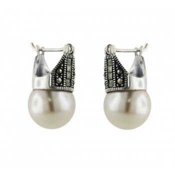 Marcasite Earring Square Cut Marcasite White Pearl Latch Hook
