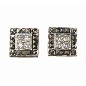 Marcasite Earring Square Marcasite with Clear Cubic Zirconia Center