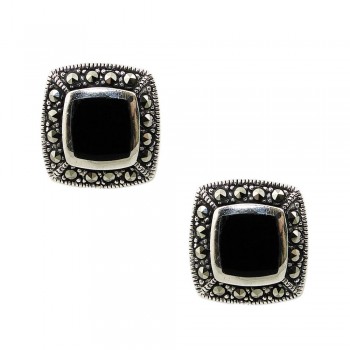 Marcasite Earring 12mm Square Onyx Outline Marcasite