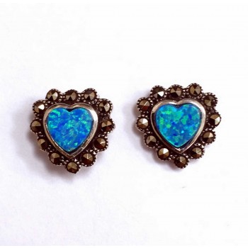Marcasite Sterling Silver Earring Blue Opal Heart