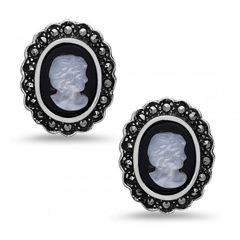 MARCASITE EARRING 11X8MM ONYX & MOTHER OF PEARL CAMEO