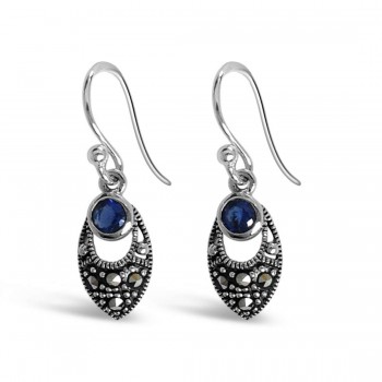 Marcasite Earring Marquis Round Sapphire Blue Glass Top