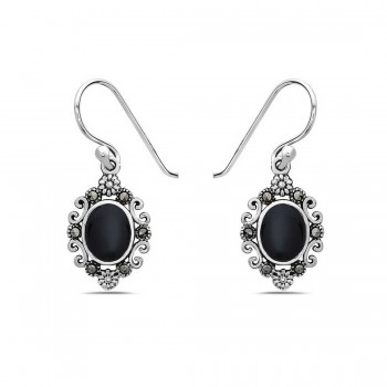 Marcasite Earring Oval Reconstituent Onyx Wavy Flowers P