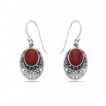 Marcasite Earring Oval Reconstituent Coral Oval Filigree
