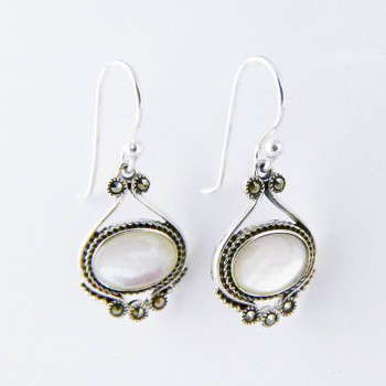 Marcasite EARRING DANGLE OVAL WHITE MOTHER OF PEARL  SIDE