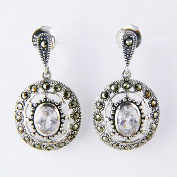 Marcasite EARRING DANGLE OVAL OVAL CLEAR Cubic Zirconia LAYERS  DOTS