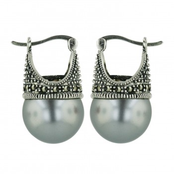 Marcasite Earring Whole Gray Pearl+Latch (6M-372)