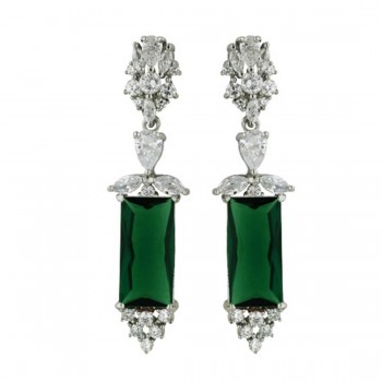 Sterling Silver Earring Rectangle Drop Cubic Zirconia Emerald