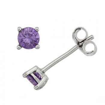 Sterling Silver Earring Amethyst Cubic Zirconia Round 4Mm Stud