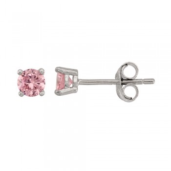 Sterling Silver Earring 3X3 Mm Round Pink Cubic Zirconia Stud (4 Prongs)