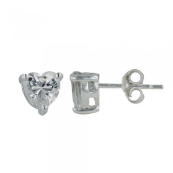 Sterling Silver Earring Clear Cubic Zirconia 6mm Heart Stud