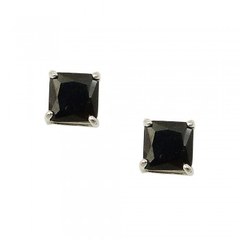 Sterling Silver Earring 6Mmx6Mm Square Princess Cut Black Cubic Zirconia St