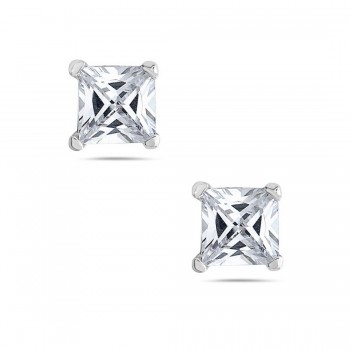 Sterling Silver Earring 10Mm Clear Cubic Zirconia Square Princess Cut Stud