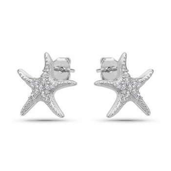 Sterling Silver Earring Pave Clear Cubic Zirconia Star Fish