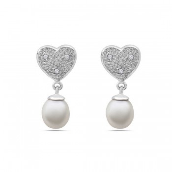 Sterling Silver Earring Clear Cubic Zirconia Heart Top+White Fresh Water Pearl Dangle