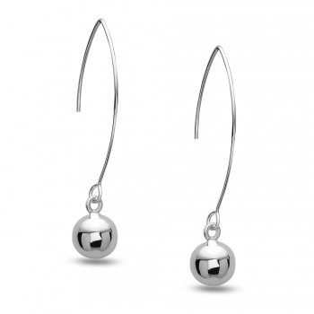 STERLING SILVER EARRING 8MM SILVER BALL WITH LONG ALMOND HOOK