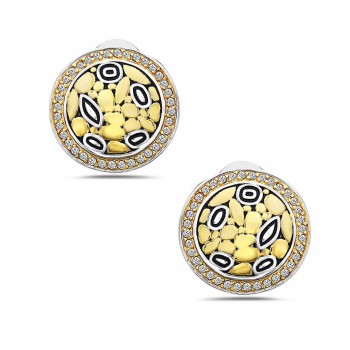 Sterling Silver Earring 20mm Tr-Tone Gold Tone+Black Epoxy Round Mixe