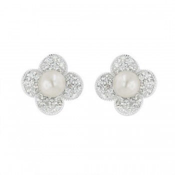 Sterling Silver Earring White Faux Pearl 6-7 mm with 4 Pave Cubic Zirconia Peta