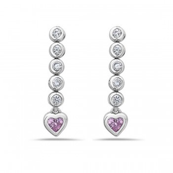 Sterling Silver Earring 5 Clear Cubic Zirconia Bezel With Pink Cubic Zirconia Heart
