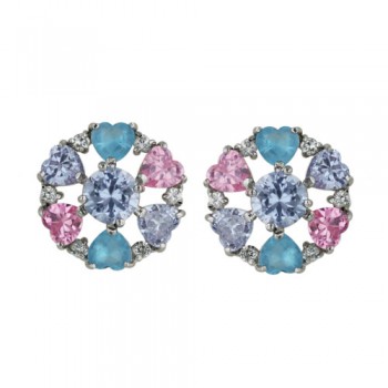 Sterling Silver Earring 6mm Round Lv Cubic Zirconia Ctr with Pink+Lv Cubic Zirconia+Aqua Marine Glass H