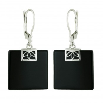 Sterling Silver Earring 20X20mm Onyx Square Flatbase with 3 Silver Open