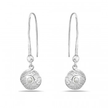 Sterling Silver Earring White Freshwater Pearl with Round Hammerred-