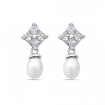 Sterling Silver Earring 4Pcs Clear Cubic Zirconia Square Top with White Fresh Water Pearl--Rhodium Plating Plat