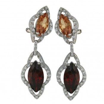 Sterling Silver Earring Marquis Garnet, Champagne Cubic Zirconia with Cubic Zirconia+Omega Back