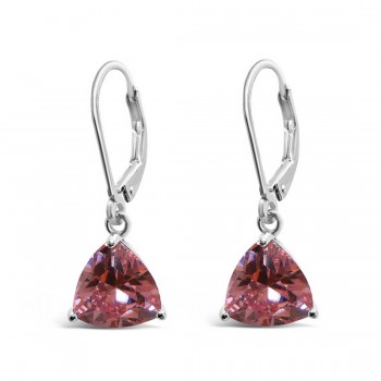 STERLING SILVER EARRING 9MM PINK CUBIC ZIRCONIA TRILLION WITH LEVER BACK