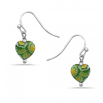 Sterling Silver Earg Green Murano Glass Heart W/ French Wire