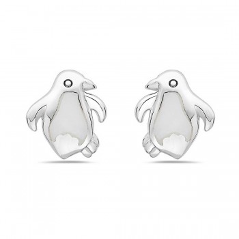 Sterling Silver Earring White Mother of Pearl Inlay Penguin