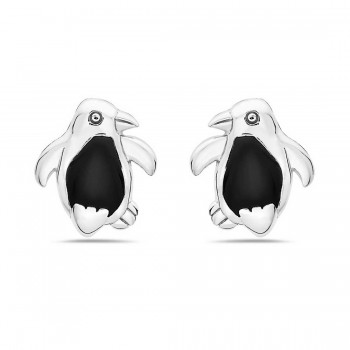 Sterling Silver Earring Onyx Inlay Penguin