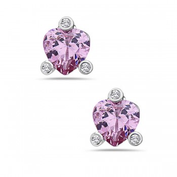 Sterling Silver Earring Pink Cubic Zirconia Heart with 3 Cubic Zirconia Bezel Prongs