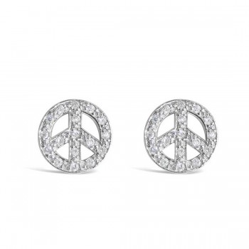 Sterling Silver Earring (W=13.5mm) Clear Cubic Zirconia Peace Symbol