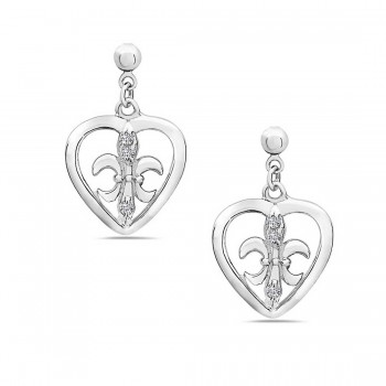 Sterling Silver Earring Open Heart with Cubic Zirconia Fleur De Lis Dangle