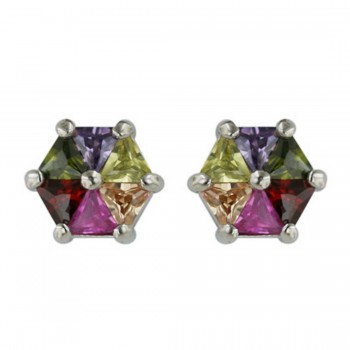 Sterling Silver Earring 6Pcs Triangle Garnet +Olivine+Amethyst+Light Green+Champagne+Fs Cubic Zirconia S