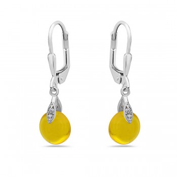 Sterling Silver Earring Cabochon Round Yellow.Cubic Zirconia with Levelback