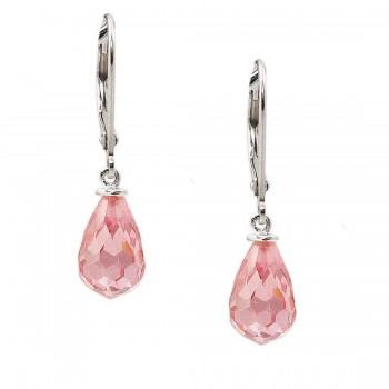 STERLING SILVER EARRING PINK CUBIC ZIRCONIA BRIOLETTE DROP WITH LEVER BACK