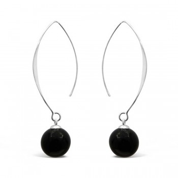 Sterling Silver Earring 12mm Onyx with Long Almond Hook